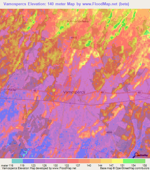 Vamospercs,Hungary Elevation Map