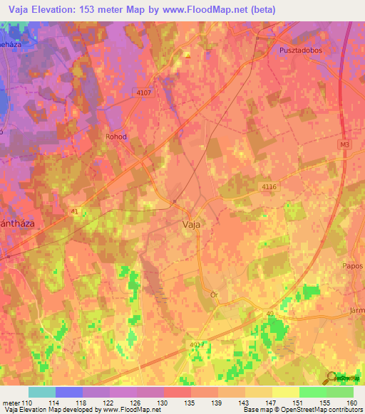 Vaja,Hungary Elevation Map