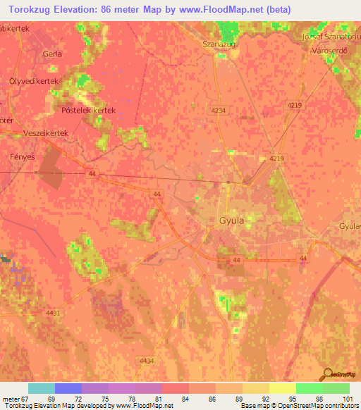 Torokzug,Hungary Elevation Map