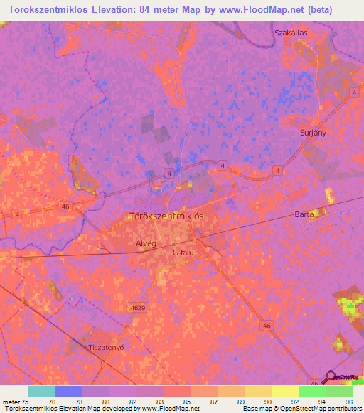 Torokszentmiklos,Hungary Elevation Map
