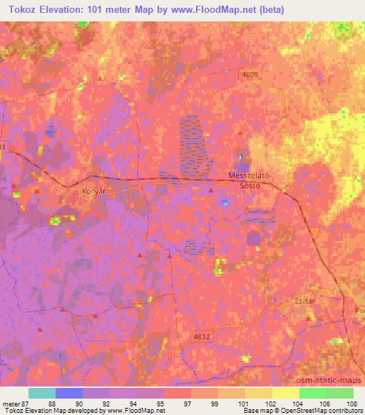 Tokoz,Hungary Elevation Map