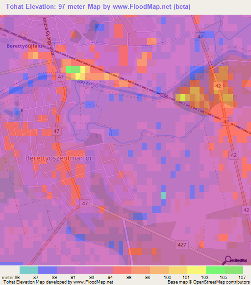 Tohat,Hungary Elevation Map