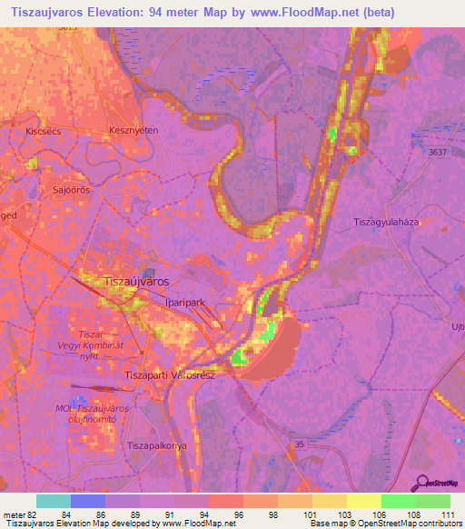 Tiszaujvaros,Hungary Elevation Map
