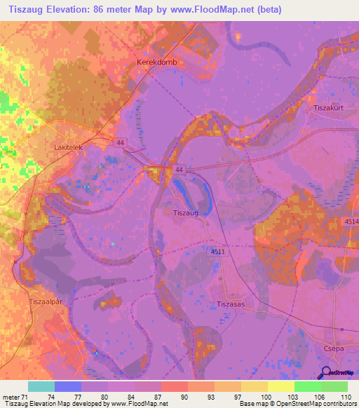 Tiszaug,Hungary Elevation Map