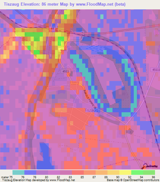 Tiszaug,Hungary Elevation Map