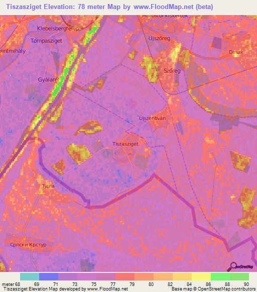 Tiszasziget,Hungary Elevation Map