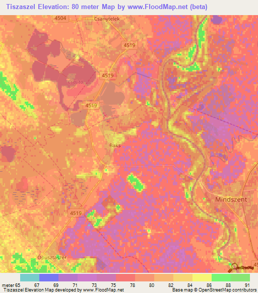 Tiszaszel,Hungary Elevation Map
