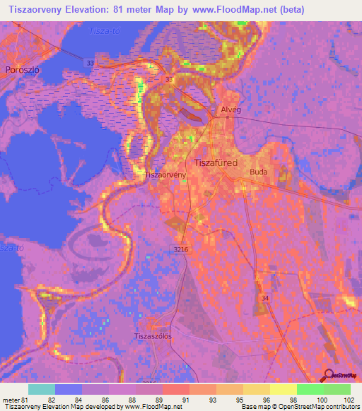 Tiszaorveny,Hungary Elevation Map