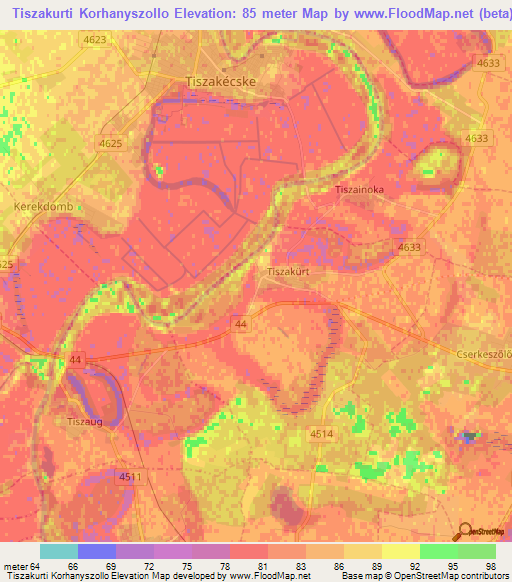 Tiszakurti Korhanyszollo,Hungary Elevation Map