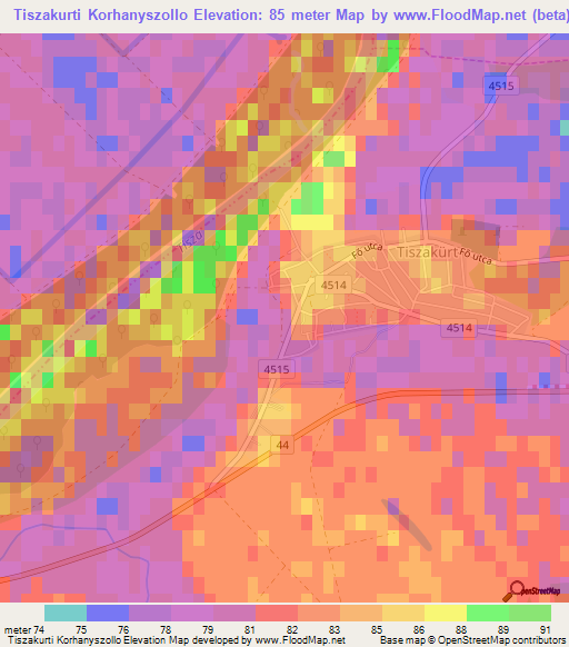 Tiszakurti Korhanyszollo,Hungary Elevation Map