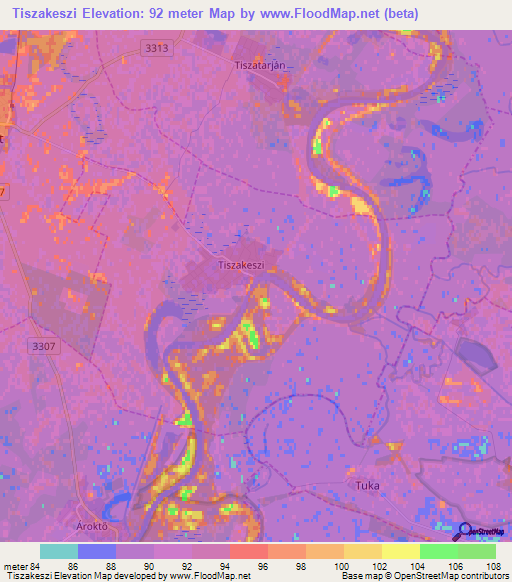 Tiszakeszi,Hungary Elevation Map