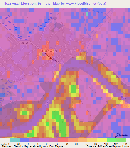 Tiszakeszi,Hungary Elevation Map