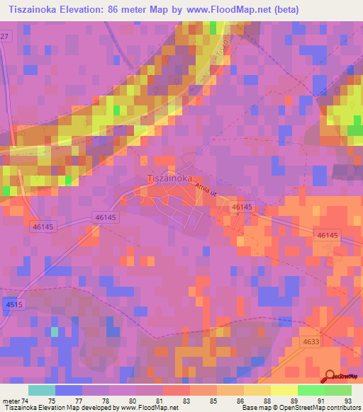Tiszainoka,Hungary Elevation Map