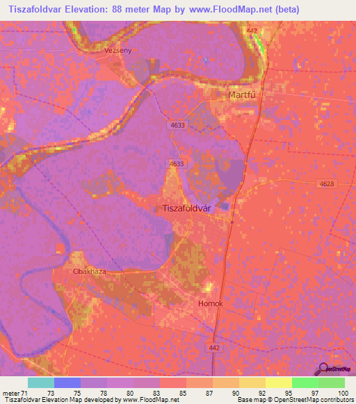 Tiszafoldvar,Hungary Elevation Map