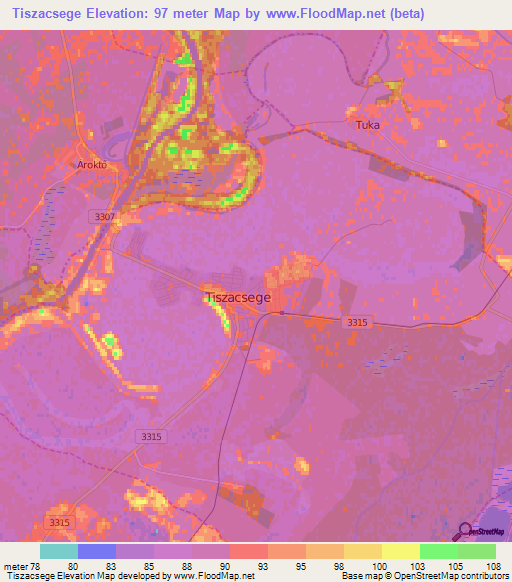 Tiszacsege,Hungary Elevation Map