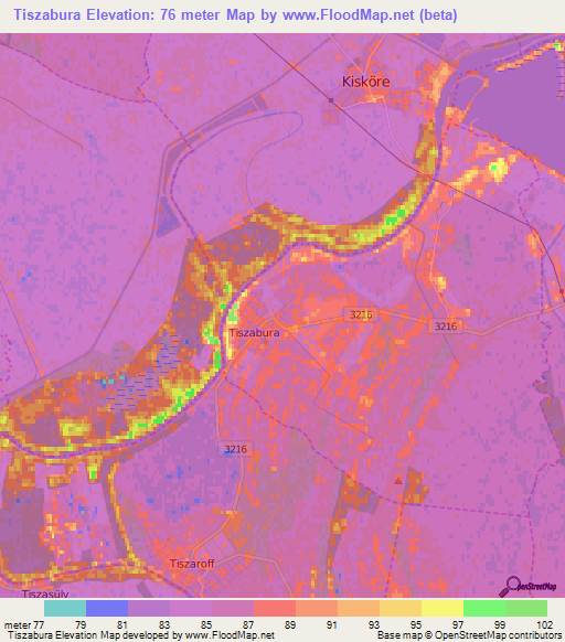 Tiszabura,Hungary Elevation Map