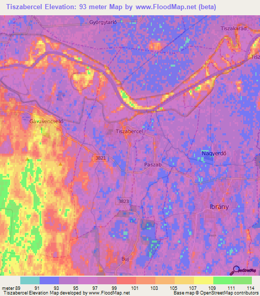 Tiszabercel,Hungary Elevation Map