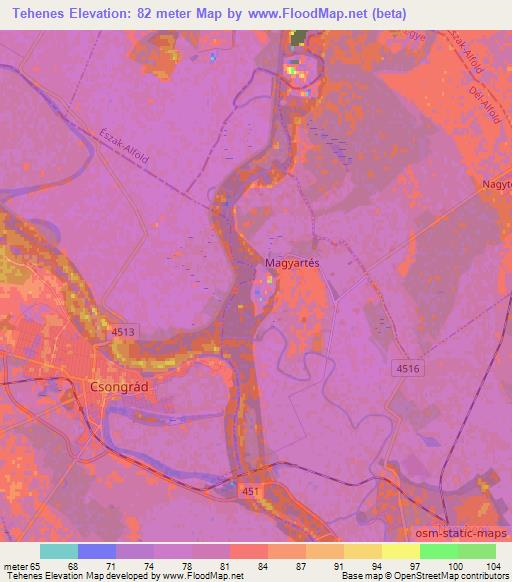 Tehenes,Hungary Elevation Map