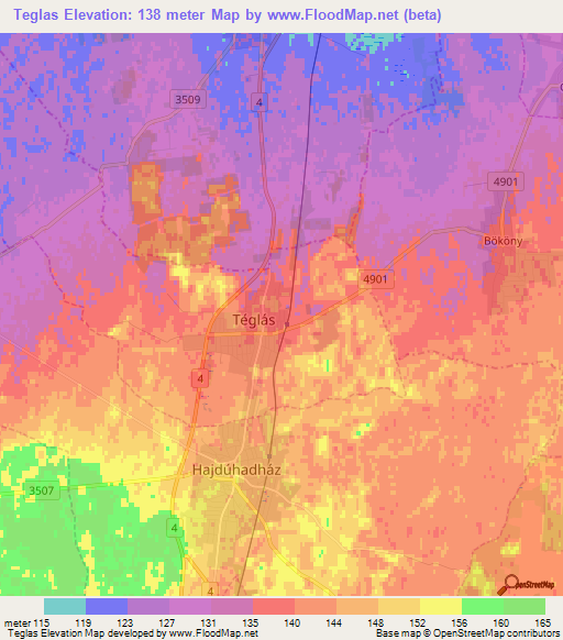 Teglas,Hungary Elevation Map