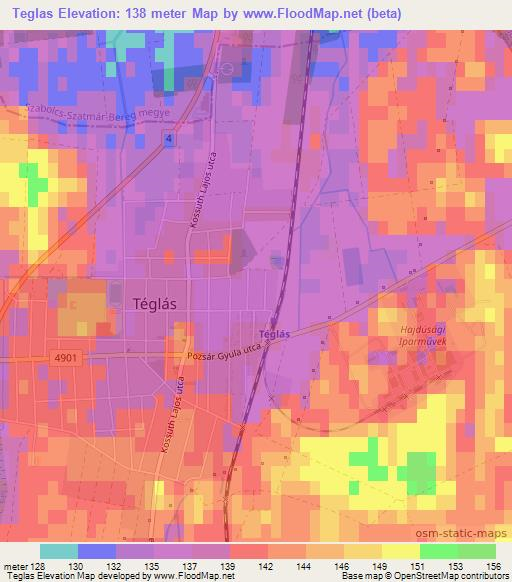 Teglas,Hungary Elevation Map