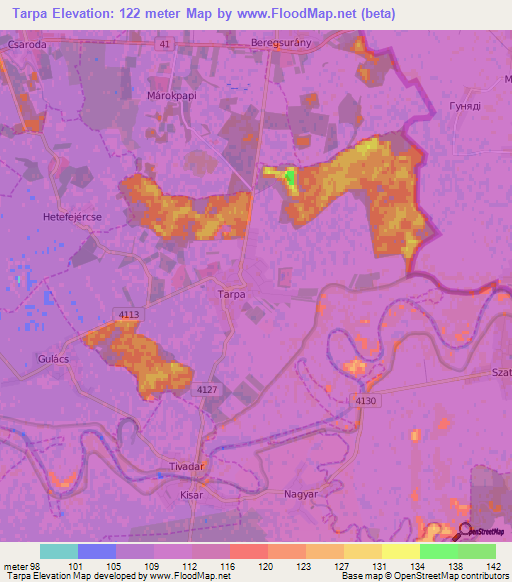 Tarpa,Hungary Elevation Map
