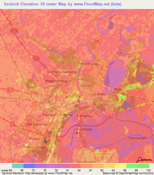 Szolnok,Hungary Elevation Map