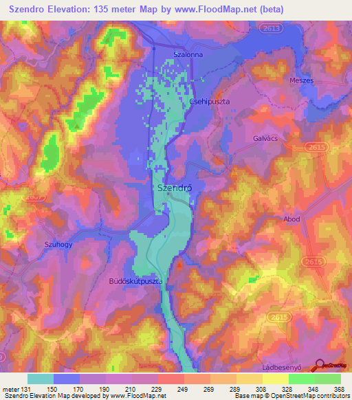 Szendro,Hungary Elevation Map