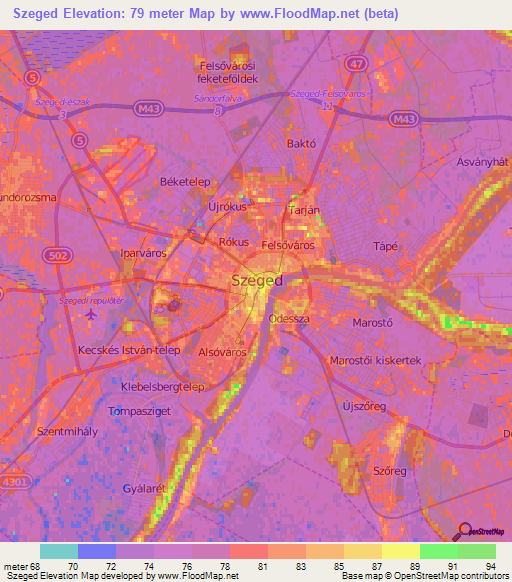 Szeged,Hungary Elevation Map