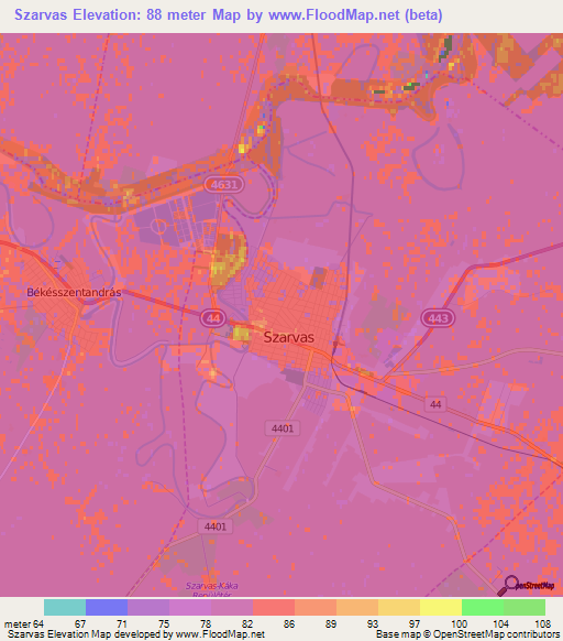 Szarvas,Hungary Elevation Map
