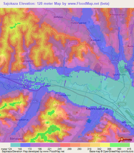Sajokaza,Hungary Elevation Map
