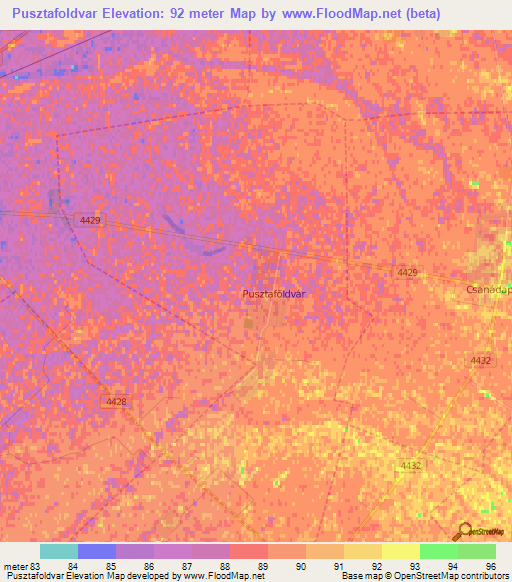 Pusztafoldvar,Hungary Elevation Map