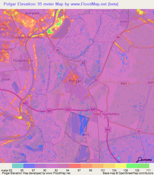Polgar,Hungary Elevation Map
