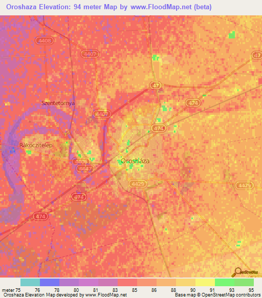 Oroshaza,Hungary Elevation Map