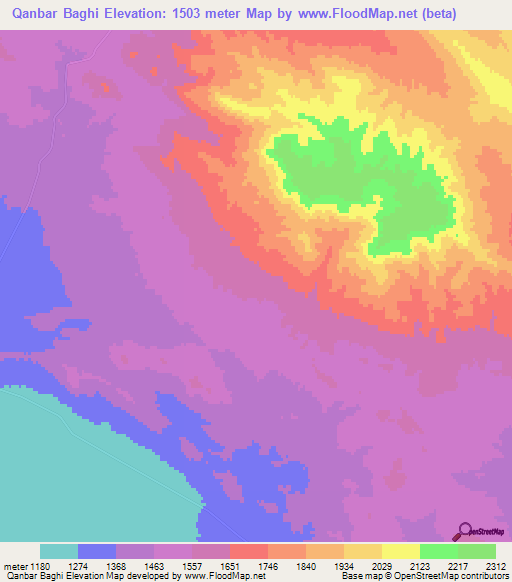 Qanbar Baghi,Iran Elevation Map
