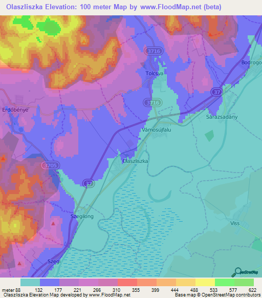 Olaszliszka,Hungary Elevation Map