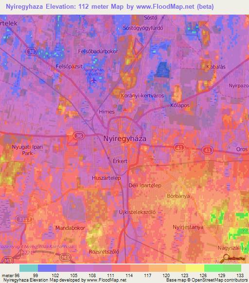 Nyiregyhaza,Hungary Elevation Map