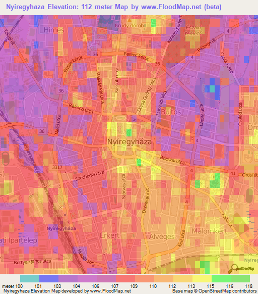 Nyiregyhaza,Hungary Elevation Map