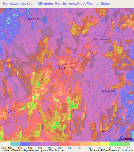 Nyirbator,Hungary Elevation Map