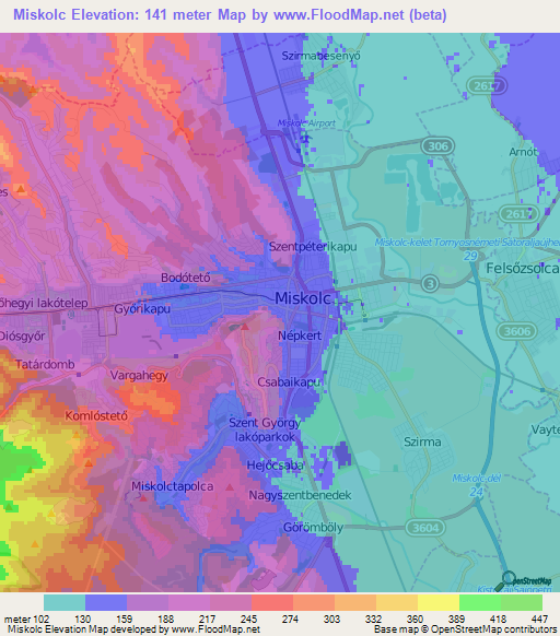 Miskolc,Hungary Elevation Map