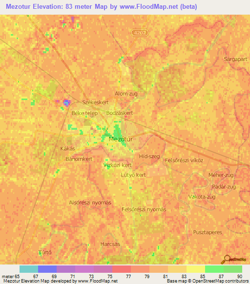 Mezotur,Hungary Elevation Map