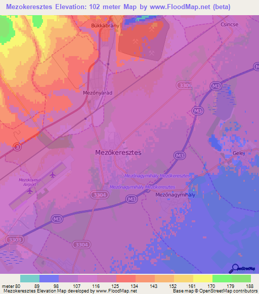 Mezokeresztes,Hungary Elevation Map