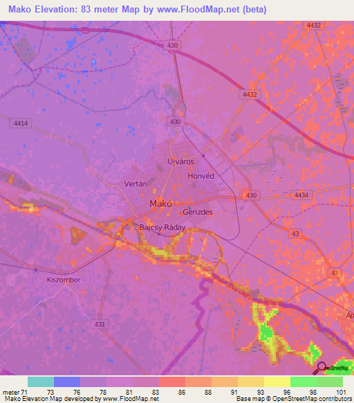 Mako,Hungary Elevation Map