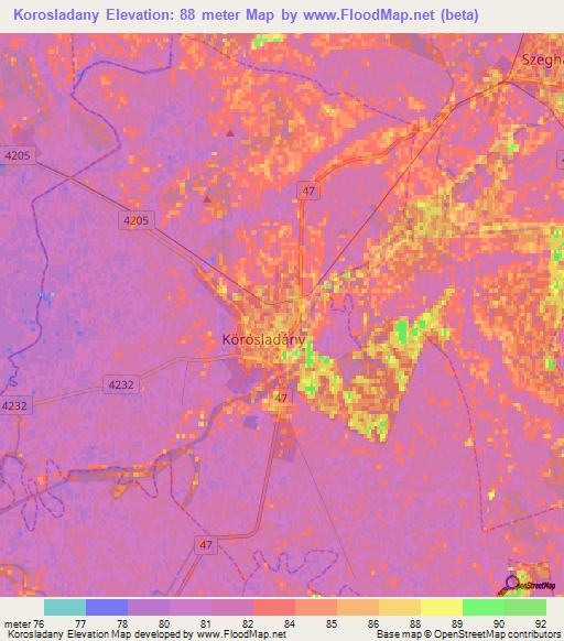 Korosladany,Hungary Elevation Map