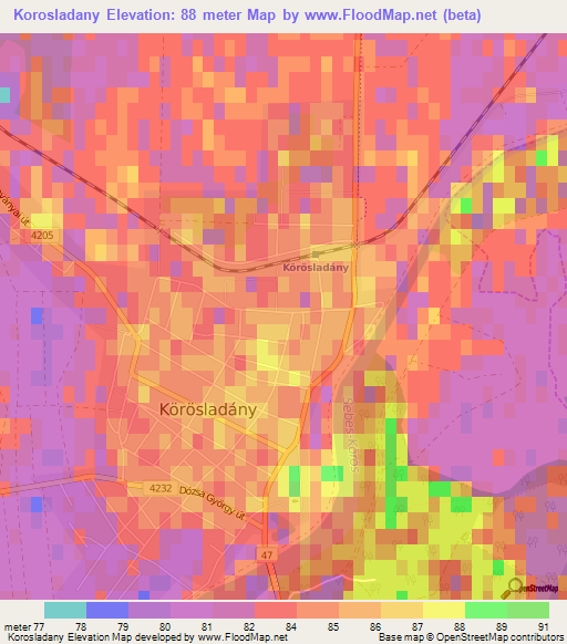 Korosladany,Hungary Elevation Map