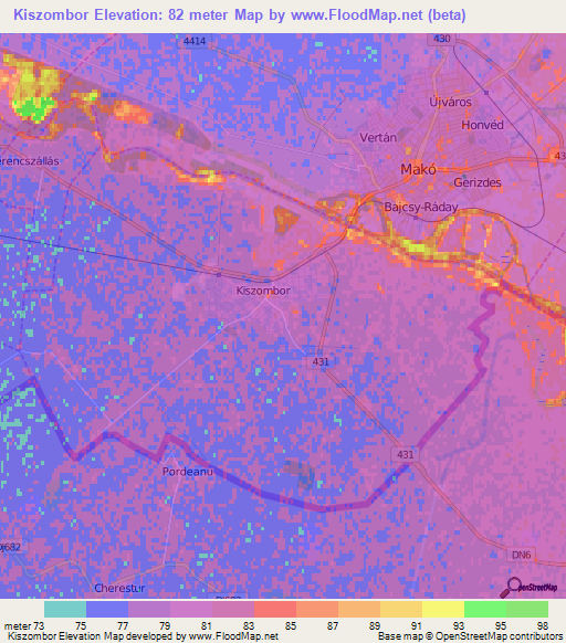 Kiszombor,Hungary Elevation Map