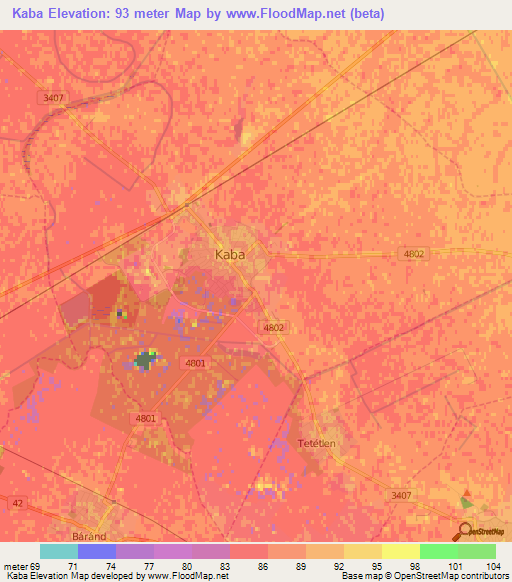 Kaba,Hungary Elevation Map