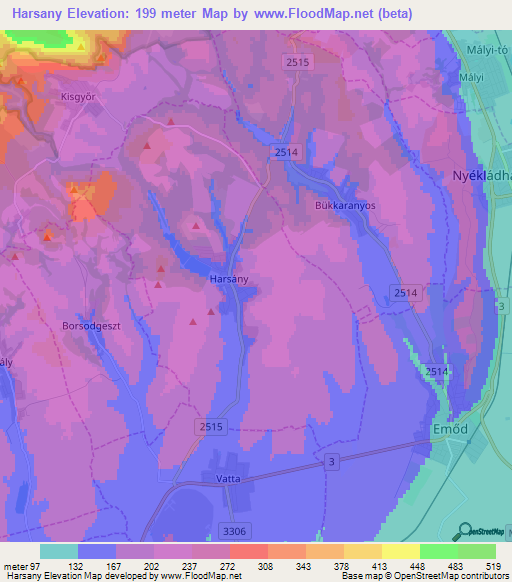 Harsany,Hungary Elevation Map