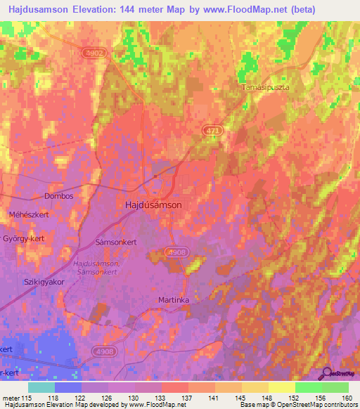 Hajdusamson,Hungary Elevation Map