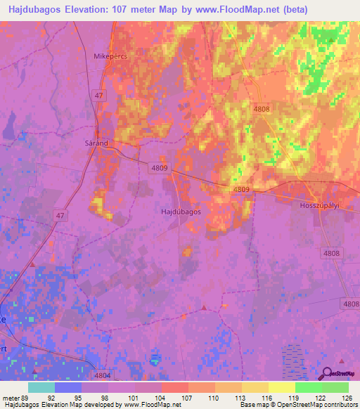 Hajdubagos,Hungary Elevation Map