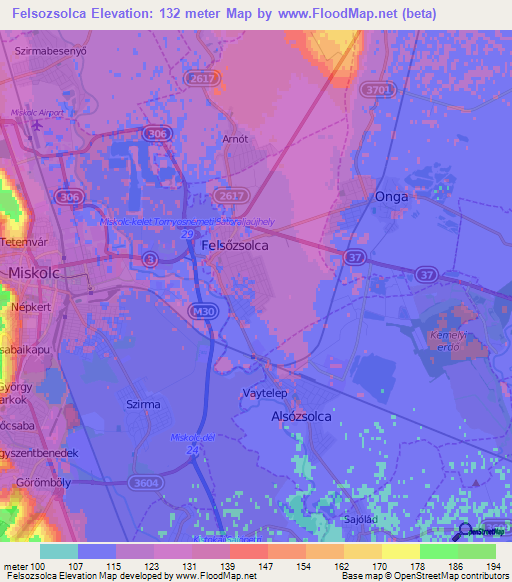 Felsozsolca,Hungary Elevation Map